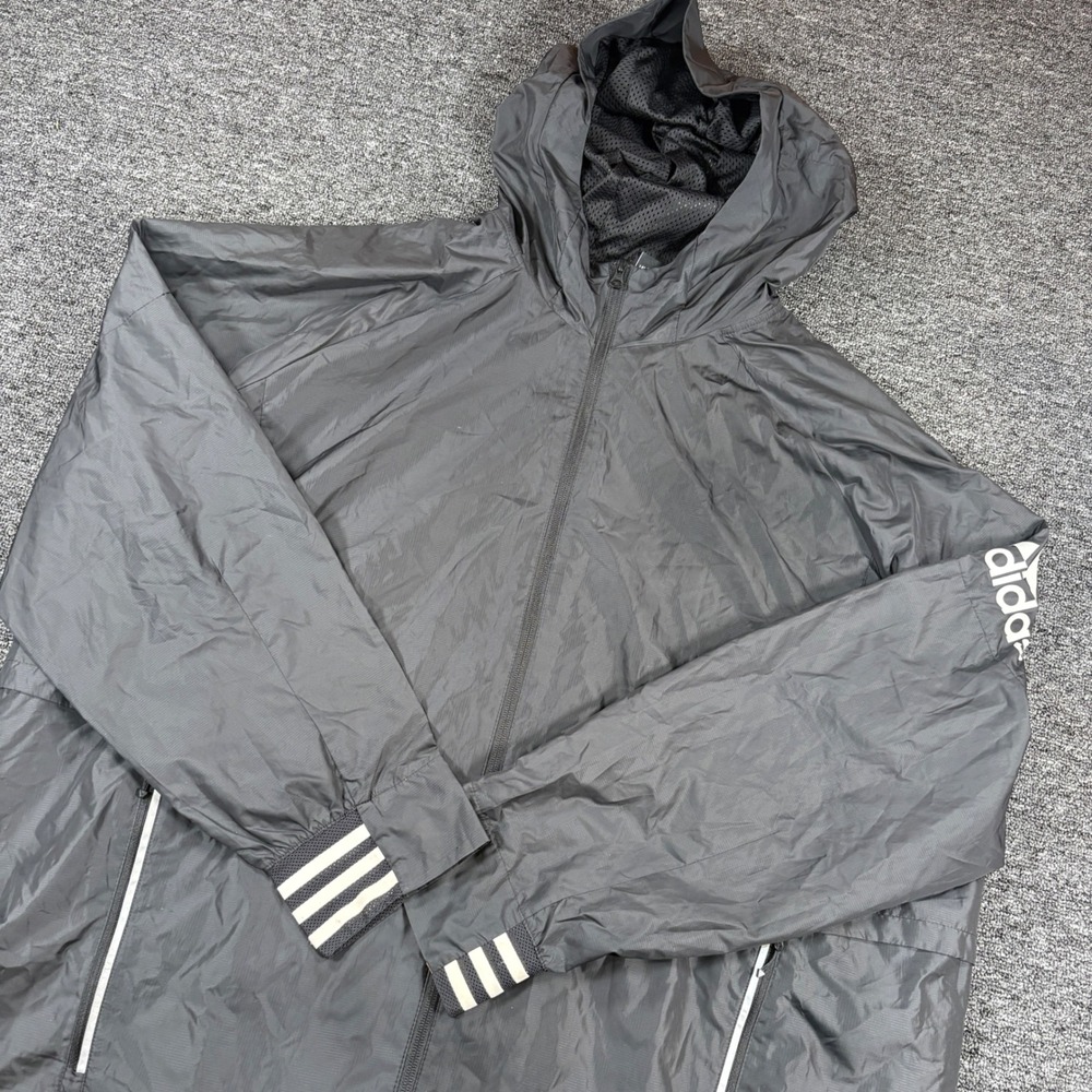 Adidas Windbreaker Jacket Mens XL Black Ripstop Hooded Reflective Full Zip